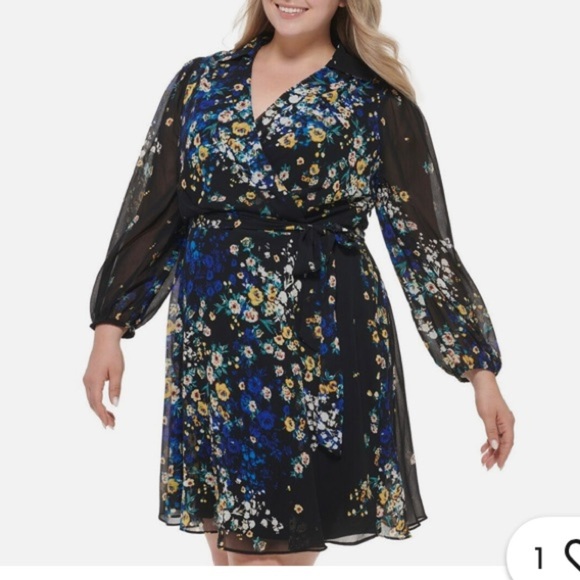 DKNY Yellow and Blue Long Sleeve Bishop Sundress - Picture 2 of 8